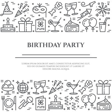Birthday party banner with two horizontal lines of line icons with editable stroke.