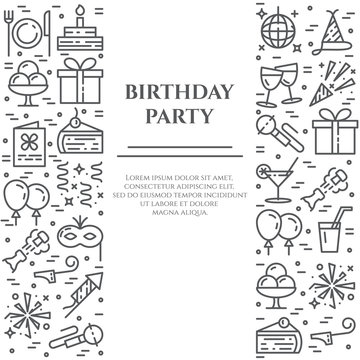 Birthday party banner with two vertical lines of line icons with editable stroke.