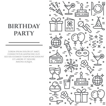 Birthday party banner with line icons with editable stroke in form ofvertical rectangle.