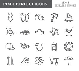 Summer vacation pixel perfect thin line icons set with editable strokes. © Yuliia Osadcha