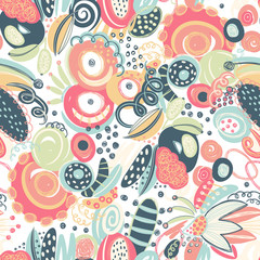 Naklejka premium Vector seamless pattern with hand drawn abstract shapes, scribbles, spirales. Stains and spots of paint. Creative background. Freehand style. Design with doodle. Wallpaper, textile, wrapping, cover