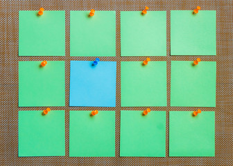Stationary, Blank Green Blue Sticker Pined on Brown Board. Flat Lay. Time-management, Planning.