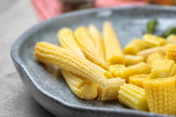 Fresh young baby corn on plate, closeup