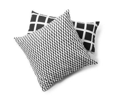 Soft decorative pillows on white background