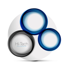 Circle web layout - digital techno spheres - web banner, button or icon with text. Glossy swirl color abstract circle design, hi-tech futuristic symbol with color rings and grey metallic element