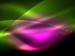 Obraz premium Neon wave background with light effects, curvy lines with glittering and shiny dots, glowing colors in darkness, magic energy