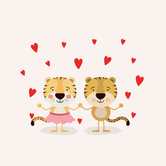 color background with couple of tigers in love holding hands in love vector illustration