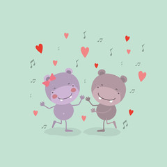 color background with couple of hippos dancing in love vector illustration