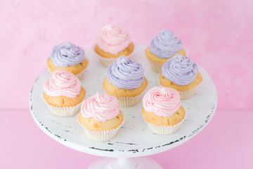 Cupcakes with pink and violet cream on shabby shic stand on pink pastel background.