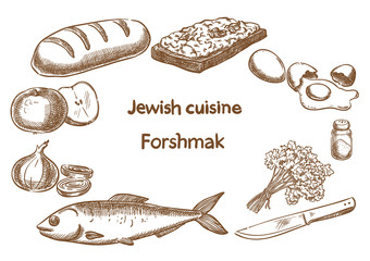 Jewish cuisine. Forshmak ingredients. Vector sketch.