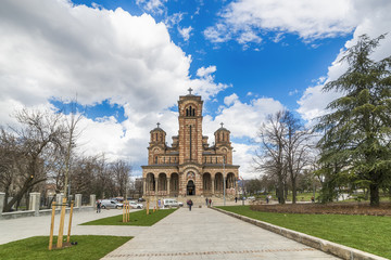 Belgrade, Serbia March 12, 2018: St. Mark's Church or Church of St. Mark is a Serbian Orthodox church located in the Tasmajdan park in Belgrade, Serbia, near the Parliament of Serbia.