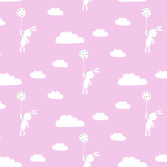Seamless pattern whith cute animals and clouds. Vector illustration.