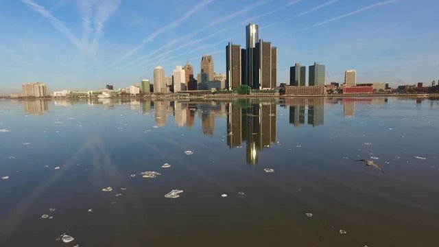 Over River With Icebergs Towards Detroit Skyline