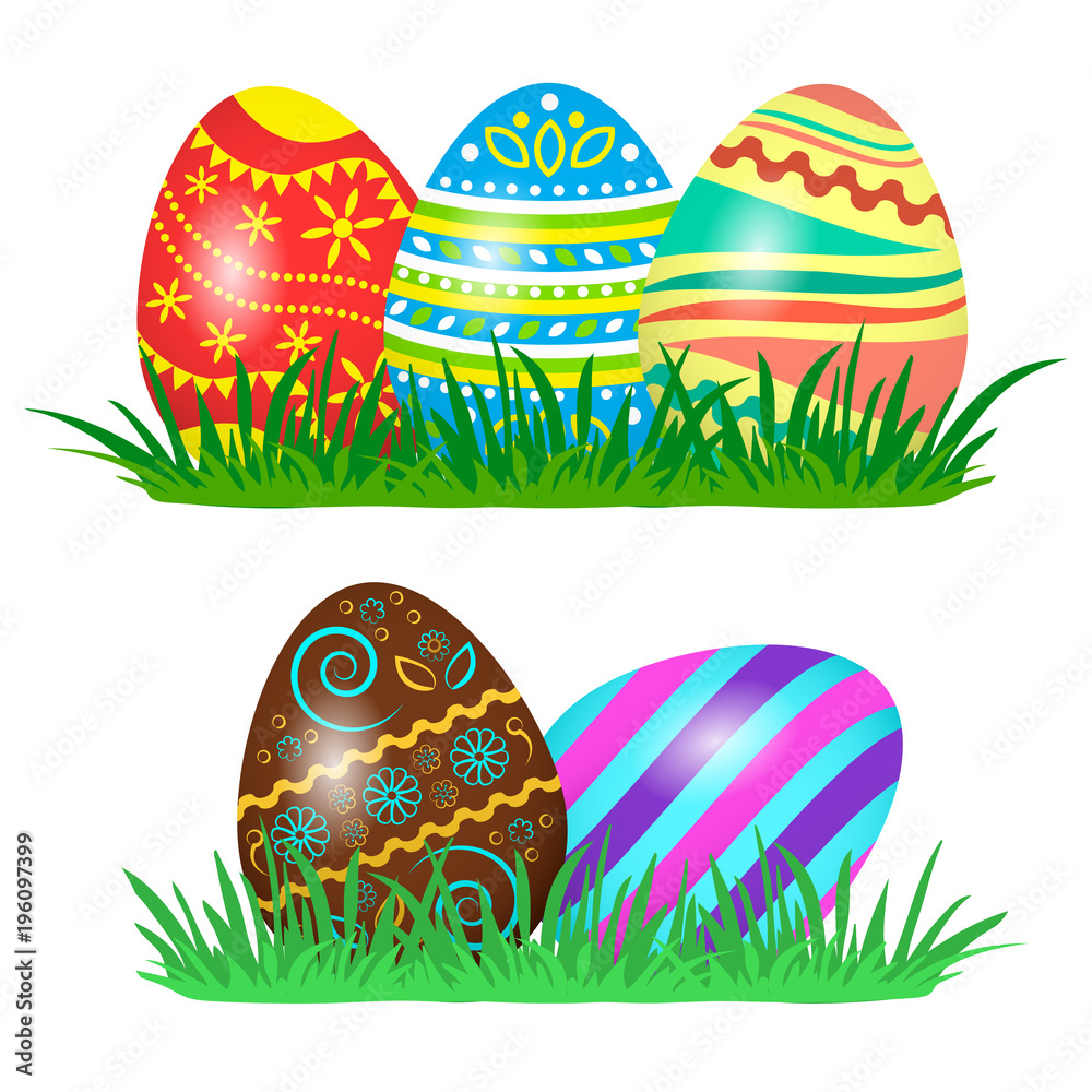 Wall mural colorful easter eggs on green grass. vector illustration