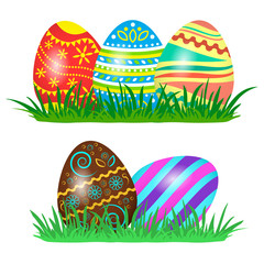Colorful Easter eggs on green grass. Vector illustration
