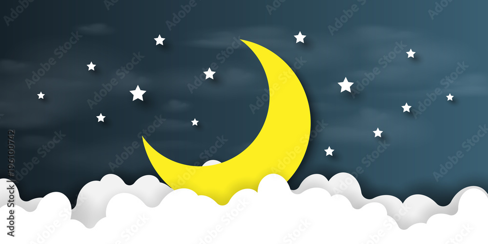 Aufkleber night scene with cloudscape,stars and crescent moon on midnight sky background paper art style desig