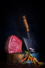 Raw meat, beef steak with cooking ingredients, spices
