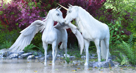 Obraz na płótnie Canvas Fantasy mythical white Unicorn and Pegasus in an enchanted forest . 3d rendering