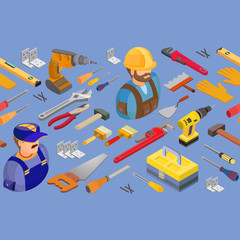 Workers and tools seamless pattern. Isometric  Vector background
