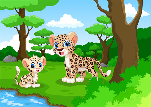 Leopard cartoon in the forest with his cute son
