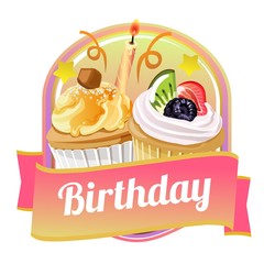 happy birthday badge with sweet cupcakes
