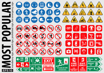 Most Popular signs (mandatory sign, hazard sign, prohibited sign, fire emergency sign). ready source in sticker, poster, web, brochure,flyer, and another printing material. easy to modify