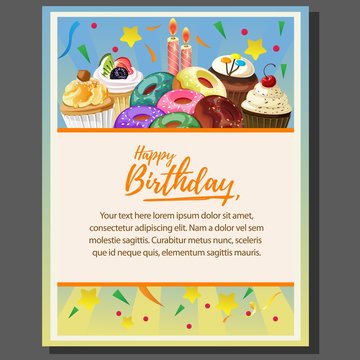 happy birthday theme poster with sweet treats