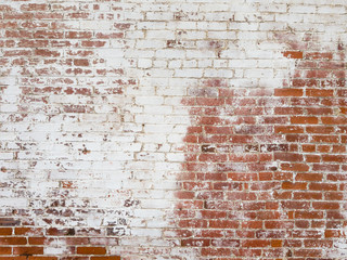 Background of old vintage dirty brick wall with peeling plaster, texture