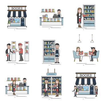 Illustration of people at bookstore