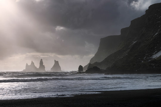 Reynisfjara Black Sand Beach At Vik Iceland