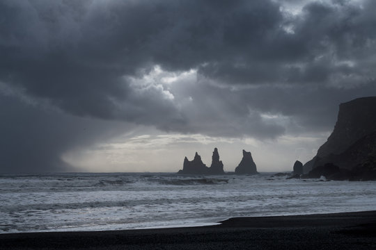 Reynisfjara Black Sand Beach At Vik Iceland