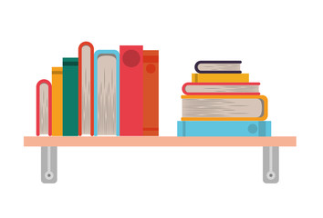 pile books library in wooden ledge vector illustration design