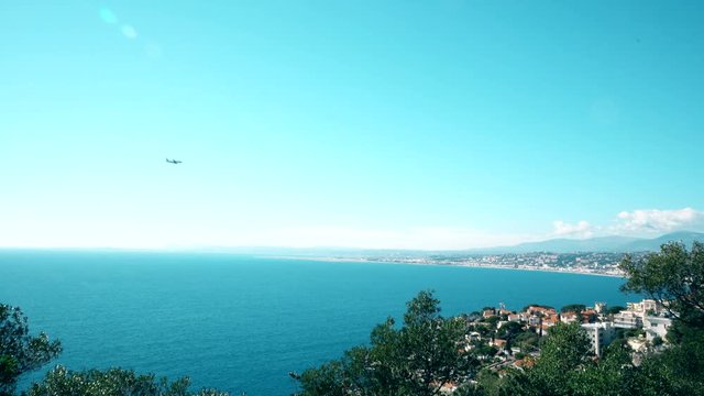Plane landing in Nice airport cote d'azur. Sea and sun.
