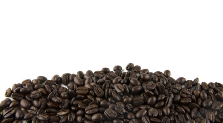 Roasted coffee beans macro white background isolated Raw materials for black coffee