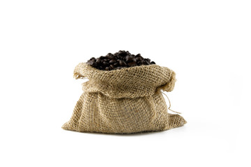 Coffee beans in a  bag Sackcloth put on a white background isolated