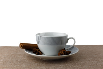 White coffee cup on white background with copy space.