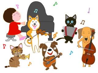 犬と猫のコンサート。子供とペットが歌ったり、楽器を演奏したりしている。