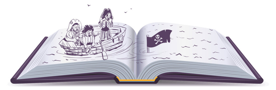 Pirates in boat sinking ship. Open book of adventure