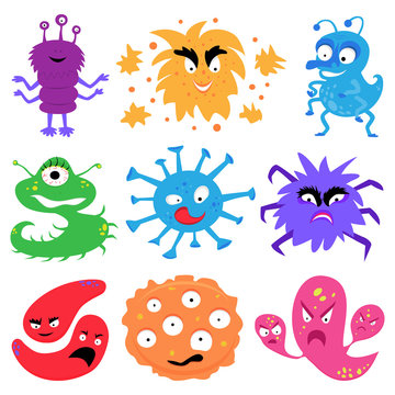 Cartoon characters of monters, bacterias, viruses, germs, microbes. Vector set of microorganisms isolated on white