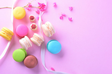 Colorful macarons or macaroons dessert sweet beautiful to eat