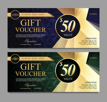 Voucher template with blue and green certificate. Background design coupon, invitation, currency. Set of stylish gift voucher with golden pattern. gift card, coupon.Isolated from the background.