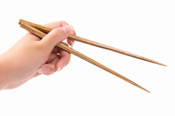 Woman hand holding chopsticks isolated on white background.