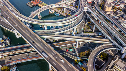 Osaka Expressway top view, Top view over the highway, expressway and motorway, Aerial view interchange of Osaka City, Expressway is an important infrastructure in Osaka City, Japan.