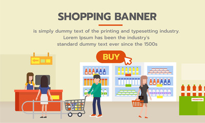 Shopping banner with buy button for shopping online. People shopping in supermarket and buying products from grocery store. Vector illustration