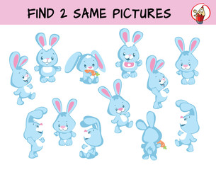 Naklejka premium Cute little bunnies set. Find two same pictures. Educational matching game for children. Cartoon vector illustration