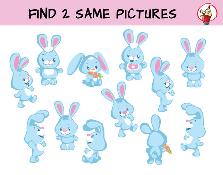 Cute little bunnies set. Find two same pictures. Educational matching game for children. Cartoon vector illustration