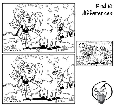 Fototapeta Cute little witch girl with a magic wand and young unicorn. Find 10 differences. Educational game for children. Black and white cartoon vector illustration