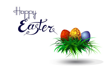 Easter greeting card with eggs on grass and handwritten inscription Happy Easter.
