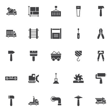Construction vector icons set, modern solid symbol collection, filled style pictogram pack. Signs, logo illustration. Set includes icons as concrete mixer truck, blueprint, cargo container loading 