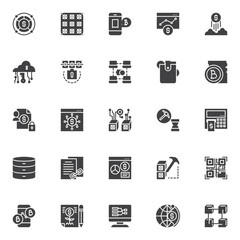 Cryptocurrency vector icons set, modern solid symbol collection, filled style pictogram pack. Signs, logo illustration. Set includes icons as  bitcoin , mining farm , exchange rates chart, blockchain